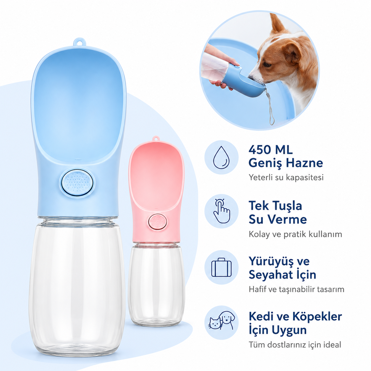 Taşınabilir Evcil Hayvan Seyahat Suluğu – 450 ml